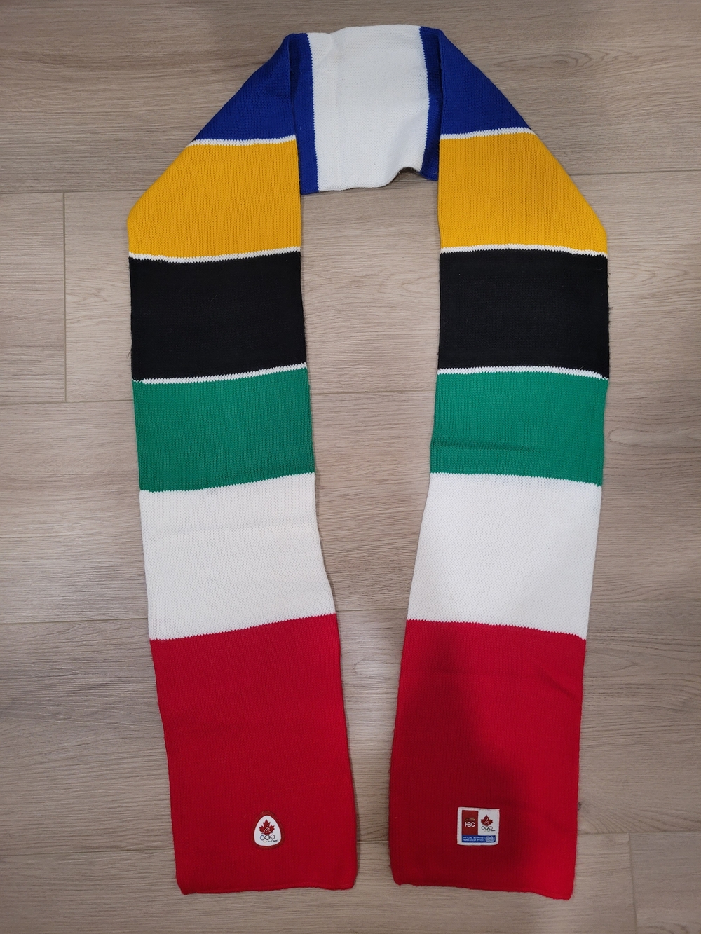 Y2K Hudsons Bay 4 Striped Knit Scarf - Red, White, Green, Black, Yellow, Blue